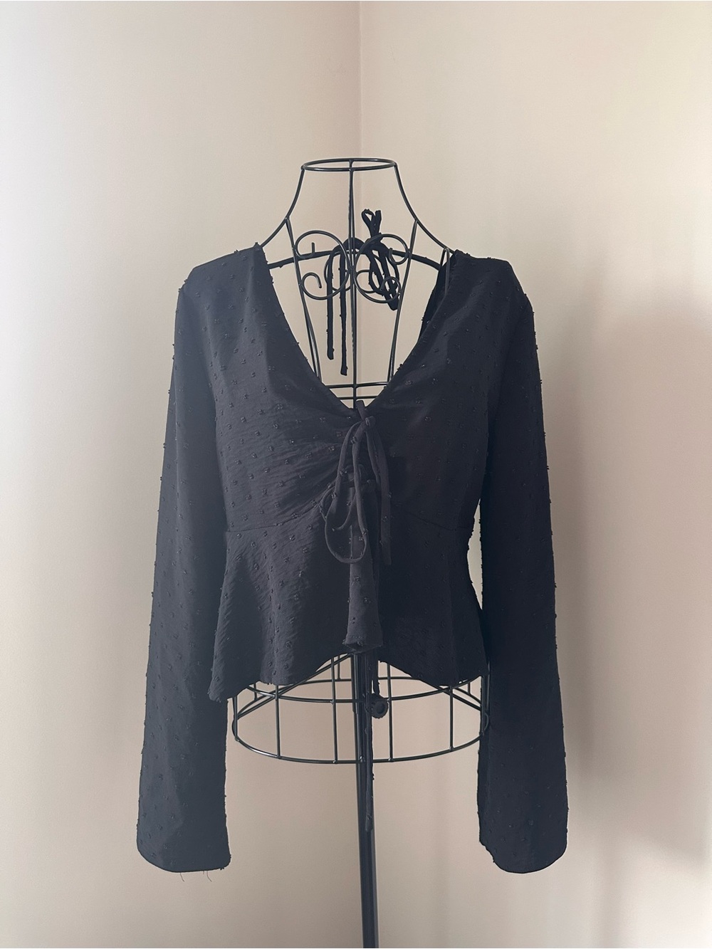 Altar'd State Black Tie-Front Textured Peplum Blouse